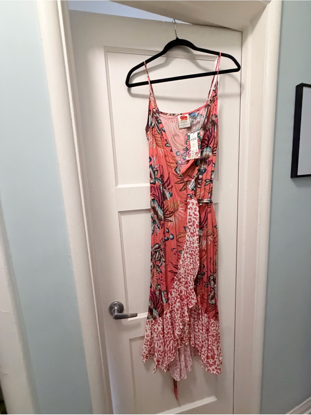 Farm Rio for Anthropologie Floral Coral Wrap Maxi Dress Leopard Panel NWT MP